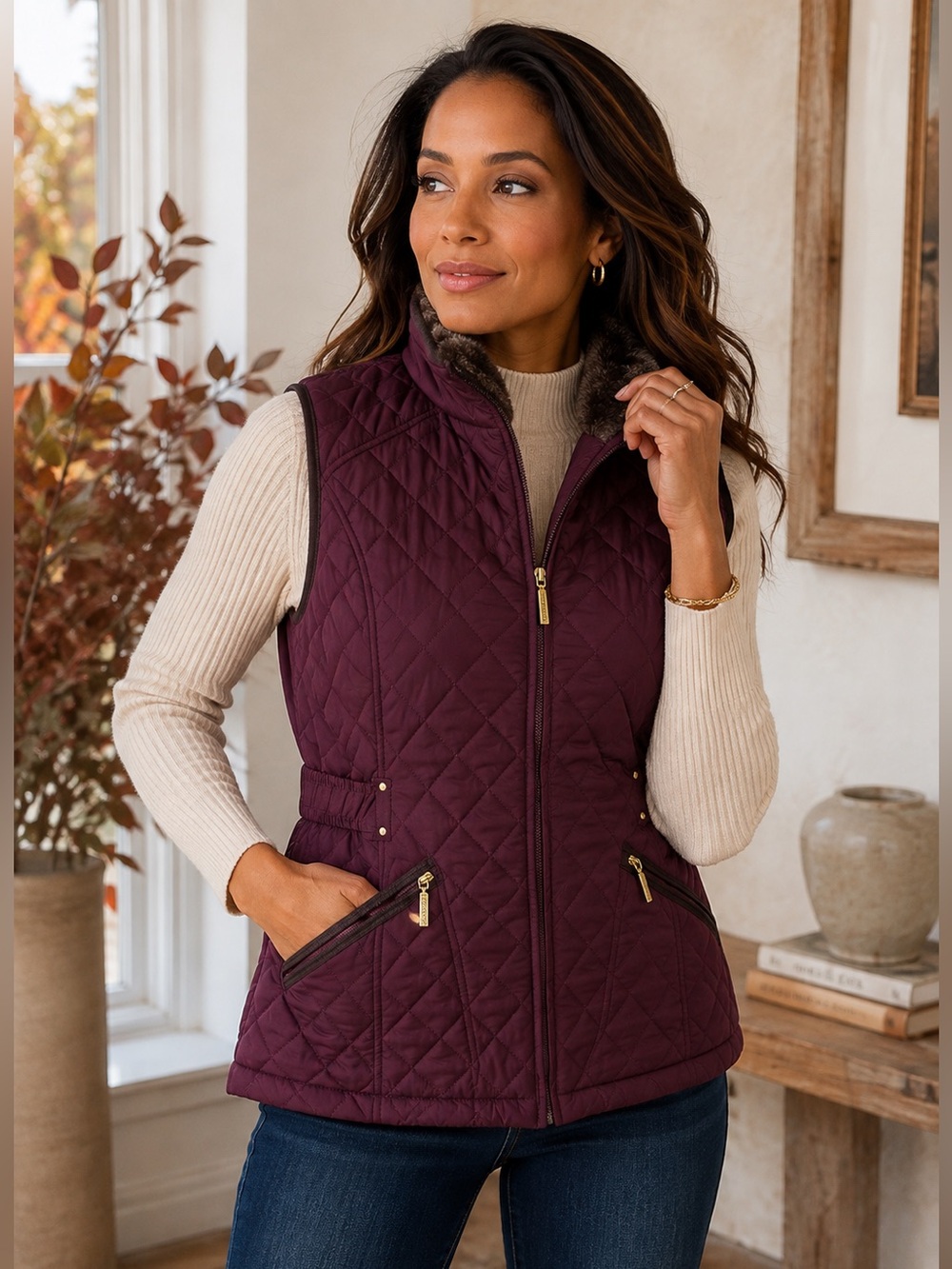 Weatherproof Plum Quilted Faux Fur Lined Vest Women’s M